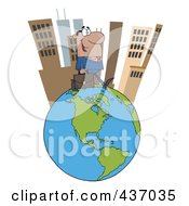 Royalty Free RF Clipart Illustration Of A Hispanic Businessman Tall City On Top Of A Globe