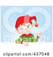 Royalty Free RF Clipart Illustration Of A Christmas Elf Resting On A Blank Sign Against A Blue Snow Background by Pushkin