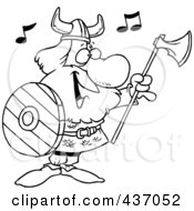 Royalty Free RF Clipart Illustration Of A Black And White Outline Design Of A Male Viking Holding An Ax And Shield And Singing