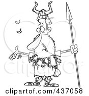 Royalty Free RF Clipart Illustration Of A Black And White Outline Design Of A Skinny Male Viking Holding A Spear And Singing