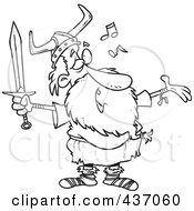 Poster, Art Print Of Black And White Outline Design Of An Old Male Viking Holding A Sword And Singing