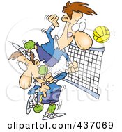 Poster, Art Print Of Cartoon Male Volleyball Player Stepping On A Team Mate To Hit The Ball