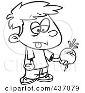 Royalty Free RF Clipart Illustration Of A Black And White Outline Design Of A Disgusted Boy Holding A Turnip by toonaday