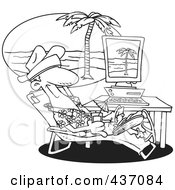 Poster, Art Print Of Black And White Outline Design Of A Man Taking A Virtual Vacation In His Office