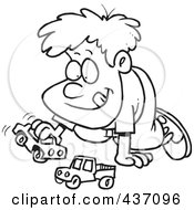 Royalty Free RF Clipart Illustration Of A Black And White Outline Design Of A Boy Playing With Toy Cars