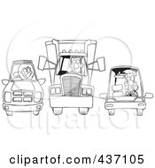 Royalty Free RF Clipart Illustration Of A Black And White Outline Design Of An SUV Big Rig And Car At A Stop Light by toonaday