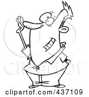 Royalty Free RF Clipart Illustration Of A Black And White Outline Design Of A Happy Man Raising His Hand To Volunteer by toonaday