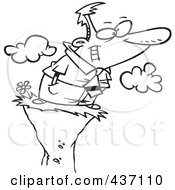 Black And White Outline Design Of A Businessman Enjoying A View On A High Cliff