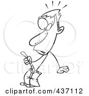 Royalty Free RF Clipart Illustration Of A Black And White Outline Design Of A Super Skinny Man Tightening A Belt