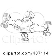 Royalty Free RF Clipart Illustration Of A Black And White Outline Design Of A Bodybuilder Wearing A Look At Me Shirt And Lifting Weights by toonaday