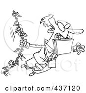 Royalty Free RF Clipart Illustration Of A Black And White Outline Design Of A Businessman Swinging From A Vine Like Tarzan