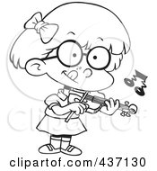 Poster, Art Print Of Black And White Outline Design Of A Little Girl Standing And Playing A Violin