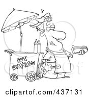 Black And White Outline Design Of A Messy Hot Dog Vendor By His Cart