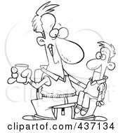 Black And White Outline Design Of A Performing Man With A Ventriloquist Doll On His Lap