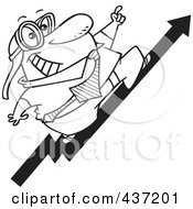 Royalty Free RF Clipart Illustration Of A Black And White Outline Design Of A Businessman Wearing Goggles And Standing On An Upward Arrow