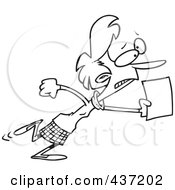 Royalty Free RF Clipart Illustration Of A Black And White Outline Design Of A Woman Running With An Urgent Memo