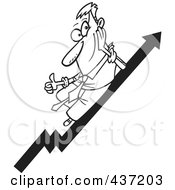 Royalty Free RF Clipart Illustration Of A Black And White Outline Design Of A Businessman Holding A Thumb Up On A Growth Arrow
