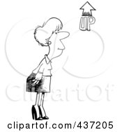 Poster, Art Print Of Black And White Outline Design Of A Businesswoman Looking At An Up Arrow