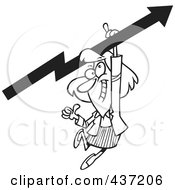 Poster, Art Print Of Black And White Outline Design Of A Businesswoman Holding A Thumb Up And Hanging From An Upward Arrow