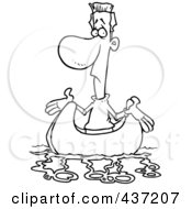 Black And White Outline Design Of A Man Shrugging In A Boat Up A Creek And Without A Paddle