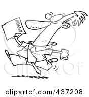 Poster, Art Print Of Black And White Outline Design Of A Businessman Running To Deliver An Urgent Memo