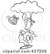 Royalty Free RF Clipart Illustration Of A Black And White Outline Design Of A Mad Angel Upside Down On A Cloud