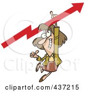 Poster, Art Print Of Cartoon Businesswoman Holding A Thumb Up And Hanging From An Upward Arrow
