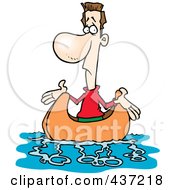 Cartoon Man Shrugging In A Boat Up A Creek And Without A Paddle