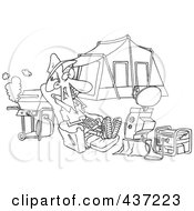 Poster, Art Print Of Black And White Outline Design Of A Man Watching Tv Hooked Up To A Generator At His Camp Site