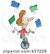 Cartoon Businesswoman Juggling File Folders On A Unicycle