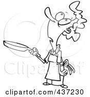 Royalty Free RF Clipart Illustration Of A Black And White Outline Design Of A Woman Looking Up And Holding A Pan