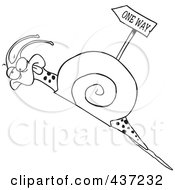 Poster, Art Print Of Black And White Outline Design Of A Tired Snail Going Uphill Near A One Way Sign