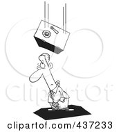 Black And White Outline Design Of A Safe Falling On An Unlucky Businessman