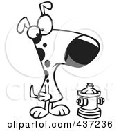 Royalty Free RF Clipart Illustration Of A Black And White Outline Design Of A Dog Looking At A Small Fire Hydrant by toonaday