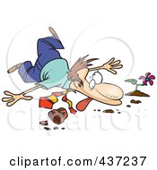 Collapsed Unlucky Cartoon Businessman Over A Pot
