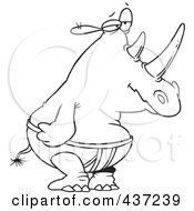 Royalty Free RF Clipart Illustration Of A Black And White Outline Design Of A Rhino In Underwear