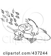 Poster, Art Print Of Black And White Outline Design Of A Breeze Blowing More Leaves On The Ground For A Boy To Rake Up