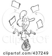 Poster, Art Print Of Black And White Outline Design Of A Businesswoman Juggling File Folders On A Unicycle