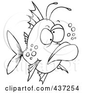 Royalty Free RF Clipart Illustration Of A Black And White Outline Design Of A Grumpy Ugly Fish