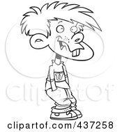 Royalty Free RF Clipart Illustration Of A Black And White Outline Design Of A Buck Toothed Boy With His Hands In His Pockets