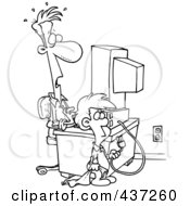 Royalty Free RF Clipart Illustration Of A Black And White Outline Design Of A Boy Shocking His Dad By Unplugging His Computer
