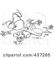 Black And White Outline Design Of A Collapsed Unlucky Businessman Over A Pot