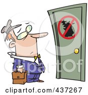 Poster, Art Print Of Unwelcome Cartoon Salesman Standing At A Door