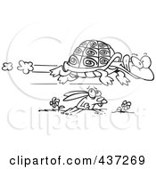 Royalty Free RF Clipart Illustration Of A Black And White Outline Design Of A Tortoise Flying Over A Hare