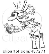 Royalty Free RF Clipart Illustration Of A Black And White Outline Design Of A Scuba Man Taking Underwater Pictures