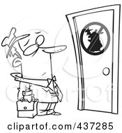Royalty Free RF Clipart Illustration Of A Black And White Outline Design Of An Unwelcome Salesman Standing At A Door