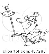 Poster, Art Print Of Black And White Outline Design Of An Unproductive Businessman Balancing A Book And Stapler On A Ruler