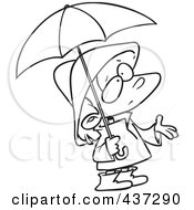 Royalty Free RF Clipart Illustration Of A Black And White Outline Design Of A Sad Girl In Rain Gear Waiting For Showers by toonaday