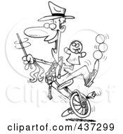 Poster, Art Print Of Black And White Outline Design Of A Male Entertainer Doing Tricks On A Unicycle