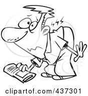 Royalty Free RF Clipart Illustration Of A Black And White Outline Design Of A Man Hurting His Back While Picking Up A Newspaper by toonaday